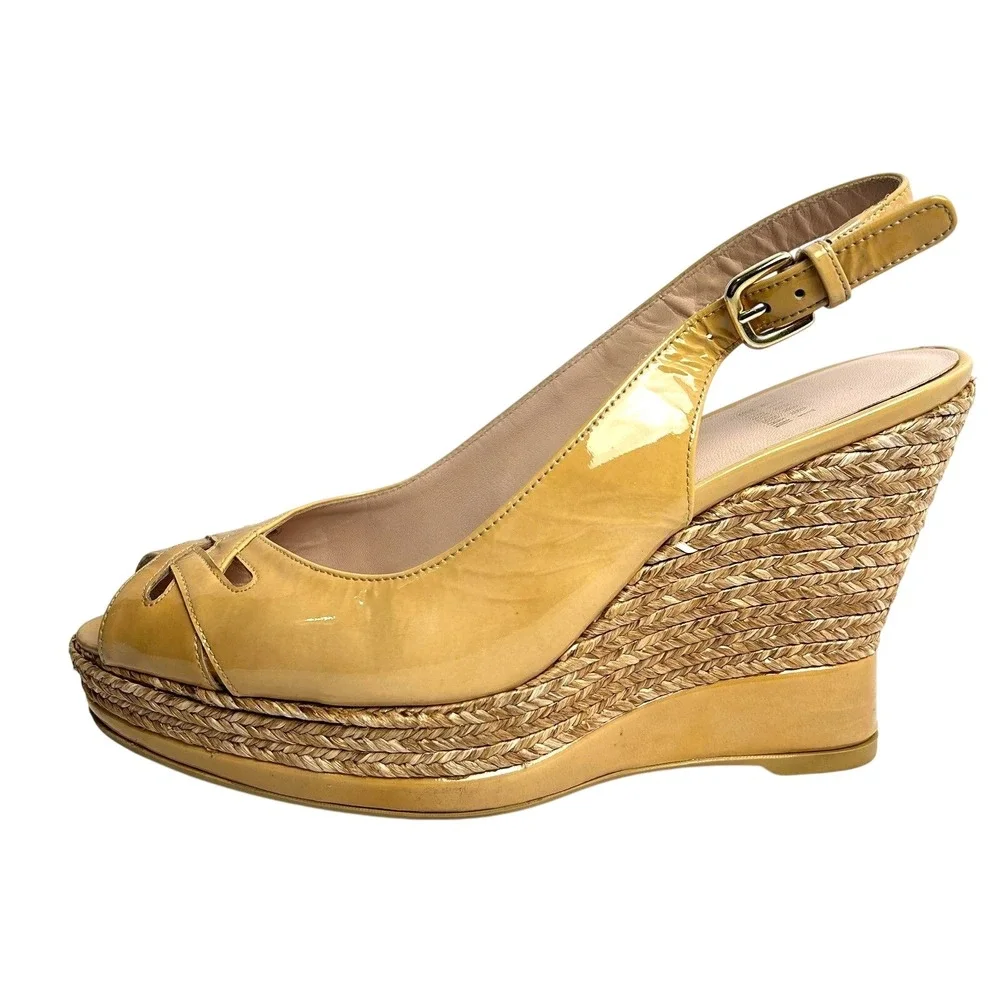 Stuart Weitzman Espadrille Peep Toe Wedge Heels Sandals Camel Tan Patent Leather - Picture 2 of 15